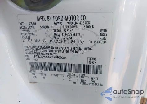 2009 Ford F-250 Fx4/Lariat/Xl/Xlt z USA, uszkodzony, nr VIN 1FTSX21549EA50930